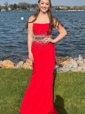 Ashley Lauren Strapless Red Evening Gown with Jeweled Waistband